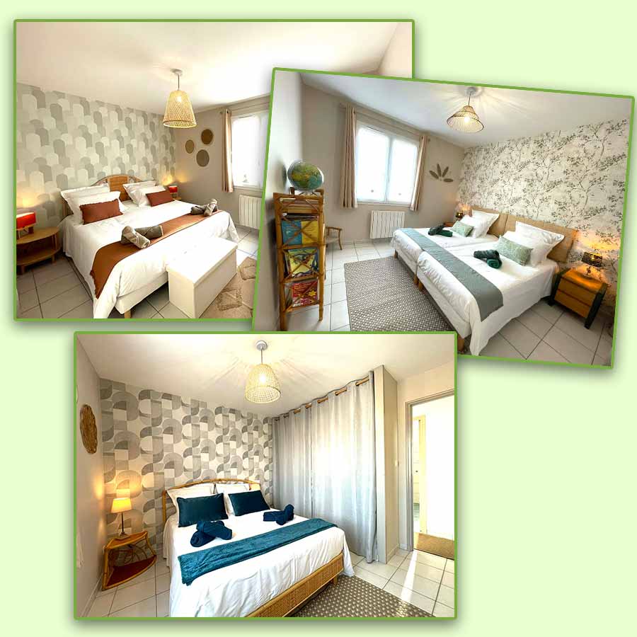 3 belles chambres à la décoration contemporaine avec lit double et twin bed